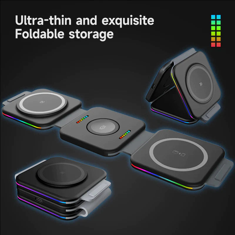 3-in-1 Foldable Magnetic Wireless Charger – Portable Charging Station for iPhone 11-14 Series, Apple Watch, and AirPods
