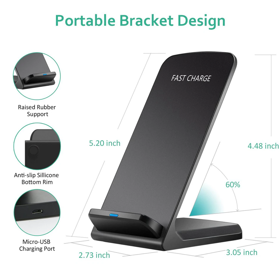 Fast Qi Wireless Charger Stand & Charging Pad Dock for iPhone & Samsung Galaxy Phones