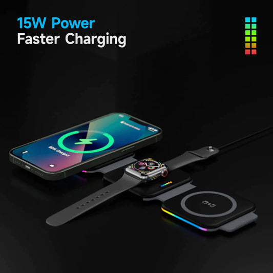 3-in-1 Foldable Magnetic Wireless Charger – Portable Charging Station for iPhone 11-14 Series, Apple Watch, and AirPods