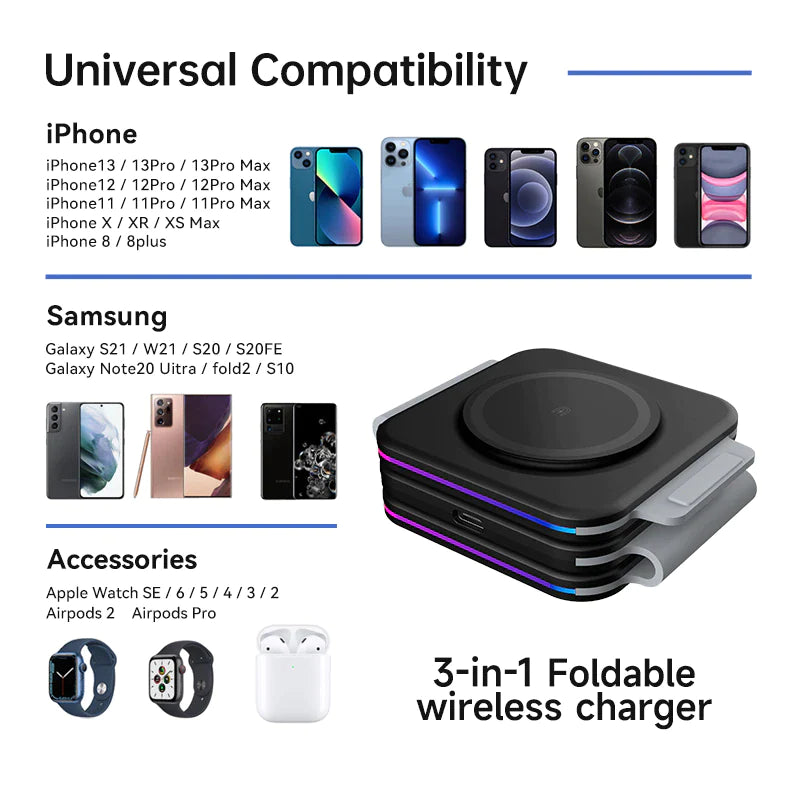 3-in-1 Foldable Magnetic Wireless Charger – Portable Charging Station for iPhone 11-14 Series, Apple Watch, and AirPods